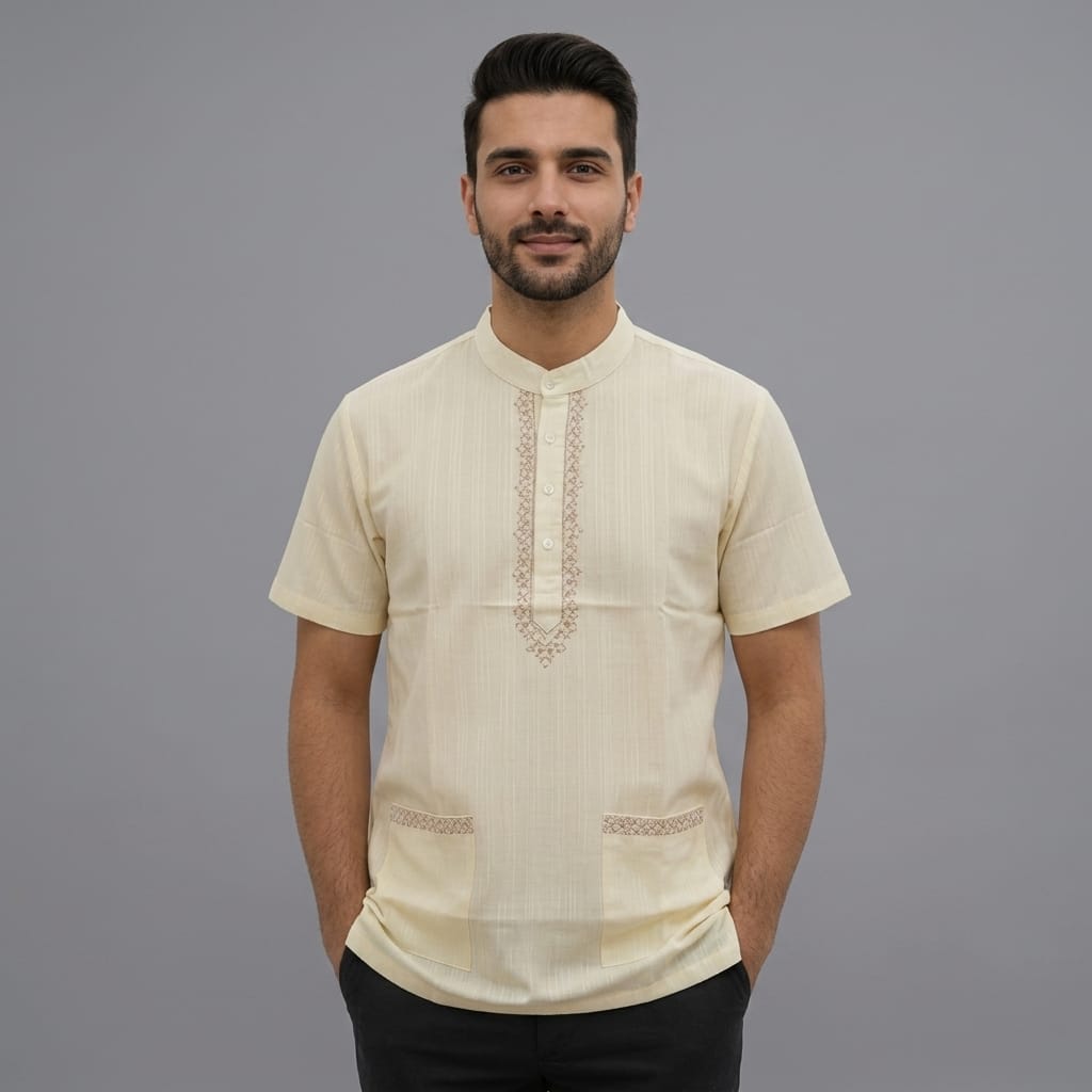 Men's Short-Sleeve Embroidered Cream Fotua