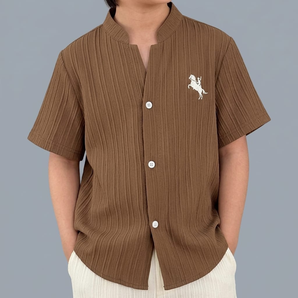 Boys' Brown Textured Short-Sleeve Cuban Collar Shirt