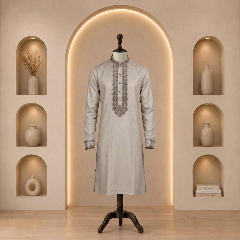 Geometric Embroidered Cotton Panjabi-Ruhan