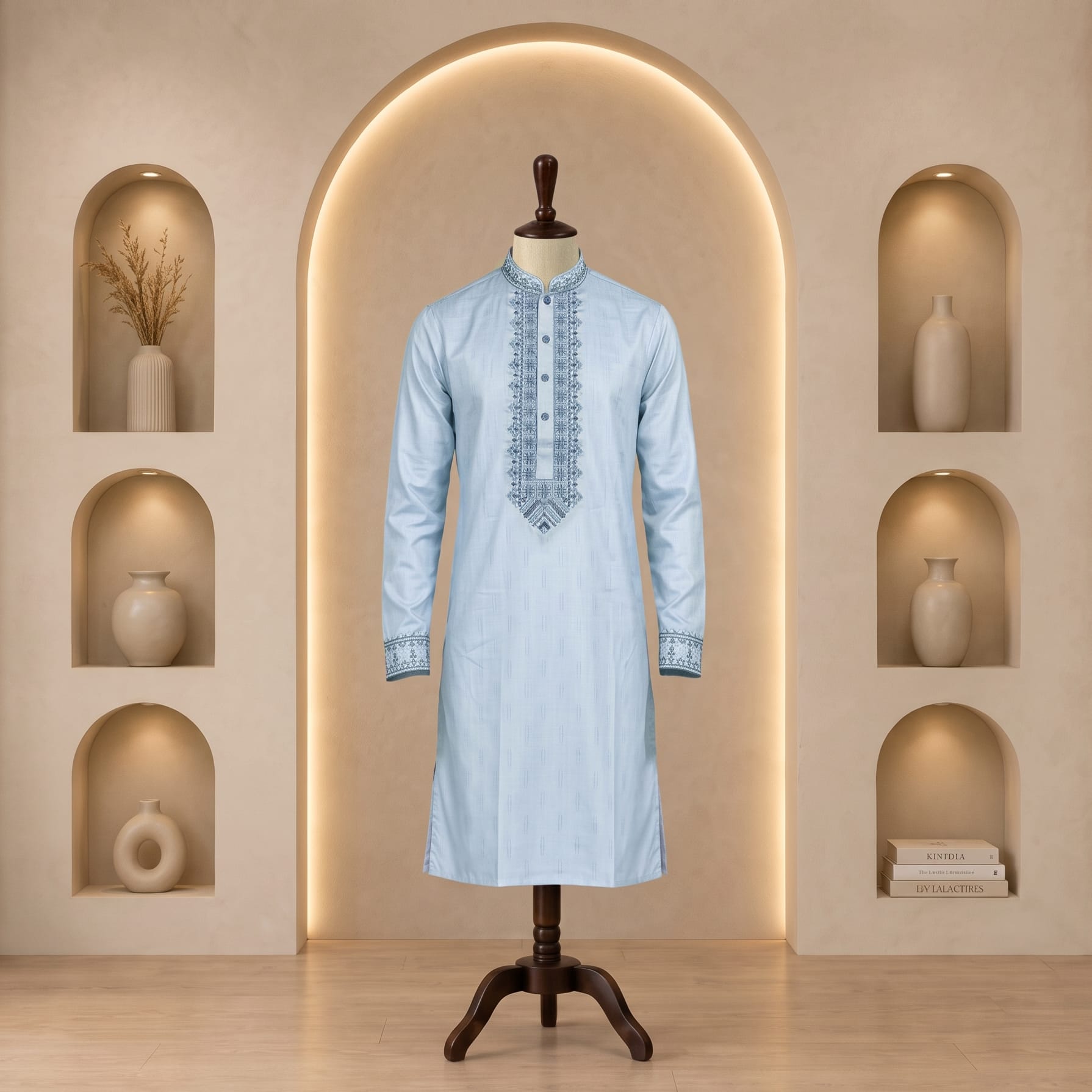 Geometric Embroidered Cotton Panjabi-Ruhan