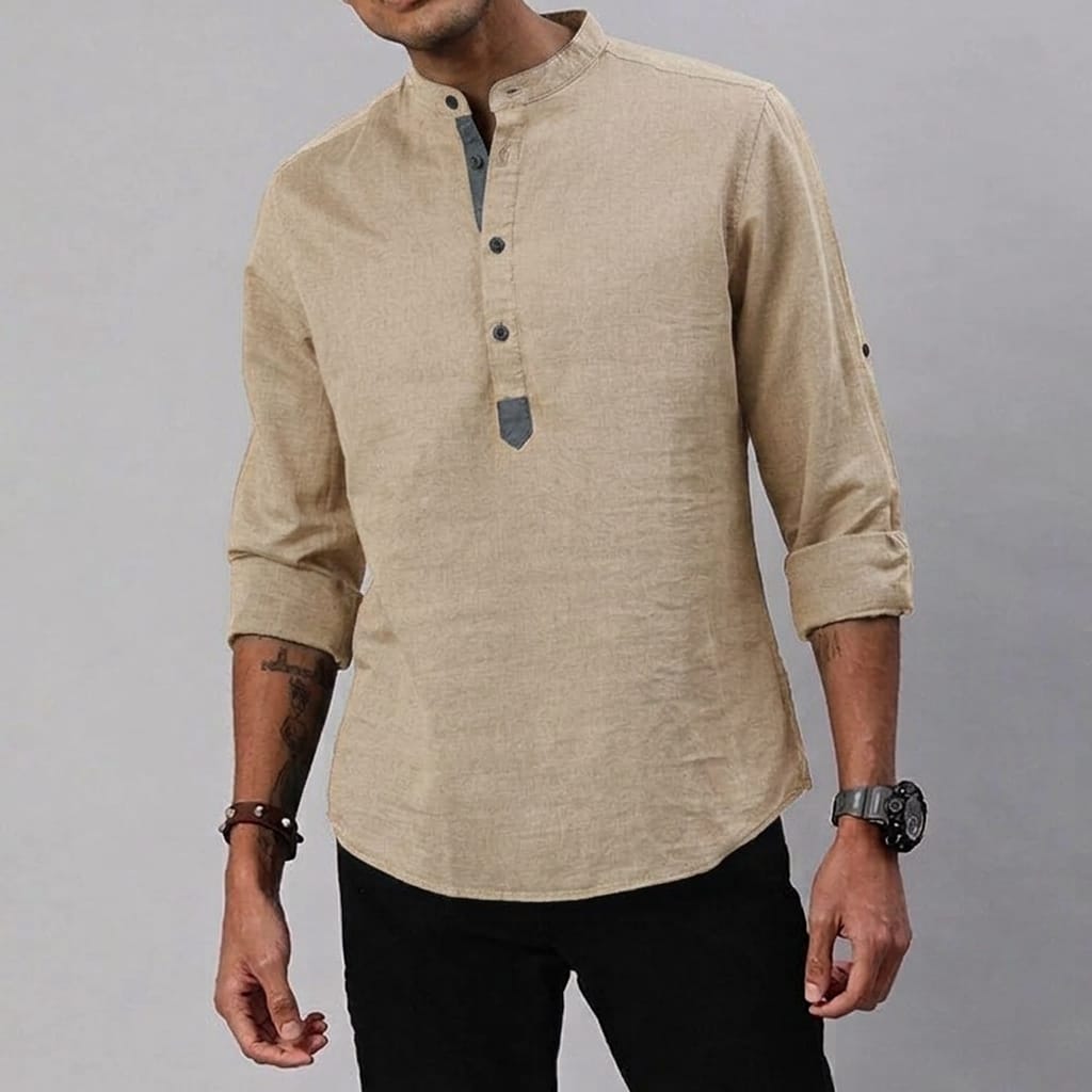 Men's Linen-Blend Mandarin Shirt - Beige